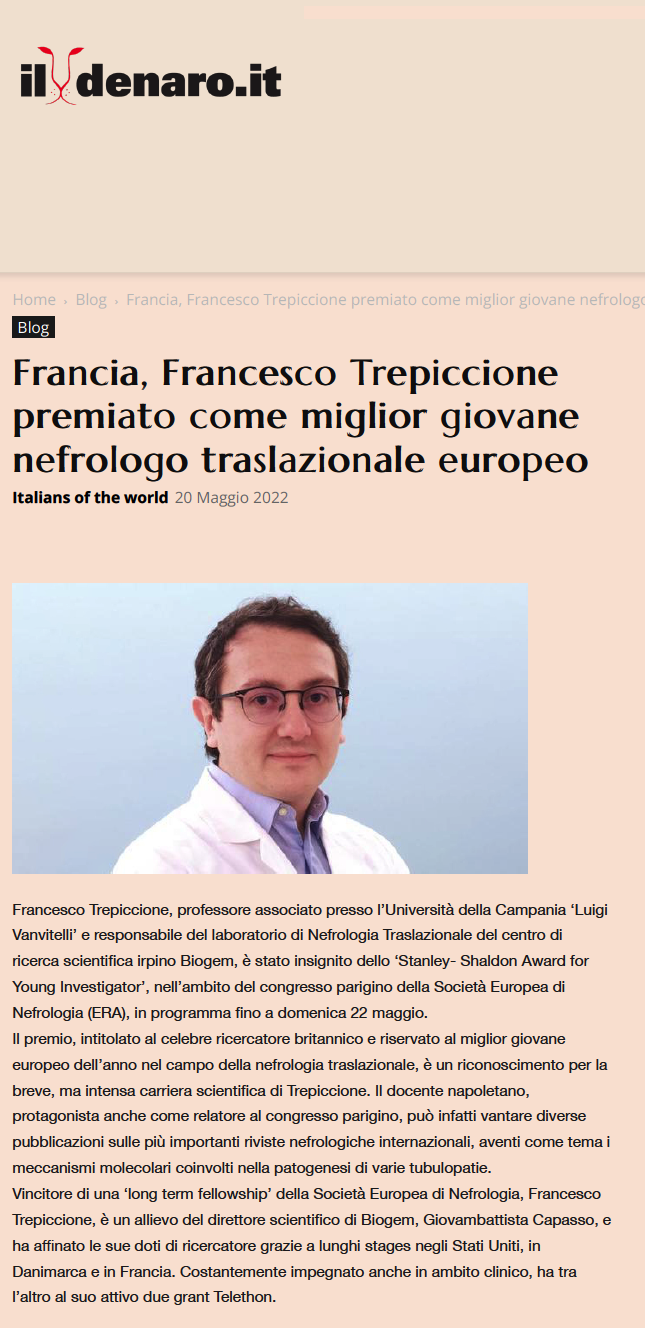 Francia, Francesco Trepiccione premiato come miglior giovane nefrologo traslazionale europeo